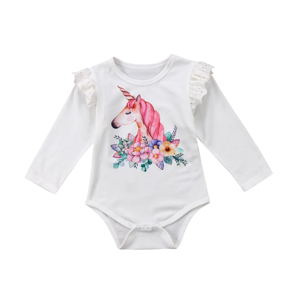 

Baby Boy Girls Ruffles Unicorn Romper Newborn Kids Long Sleeve Jumpsuit Outfits