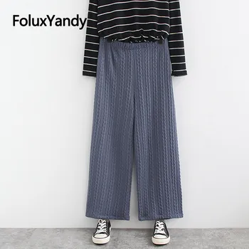 

Knitted Pants Women Plus Size Casual Loose Elastic Waist Loose Ankle-length Wide Leg Pants Solid Trousers SWM1280