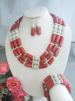 

AO612 Z-5618 Amazing African Red Coral Beads Necklace Set Nigerian Wedding