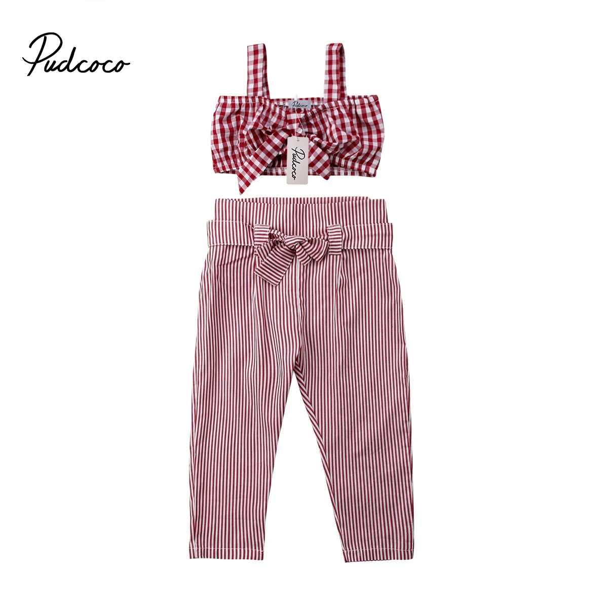 2018 Brand New Toddler Baby Girls Summer Fashion 2PCS Sleeveless Red Plaid Bow Vest Crops Tops Striped Pants Casual Outfit 2-7Y | Детская