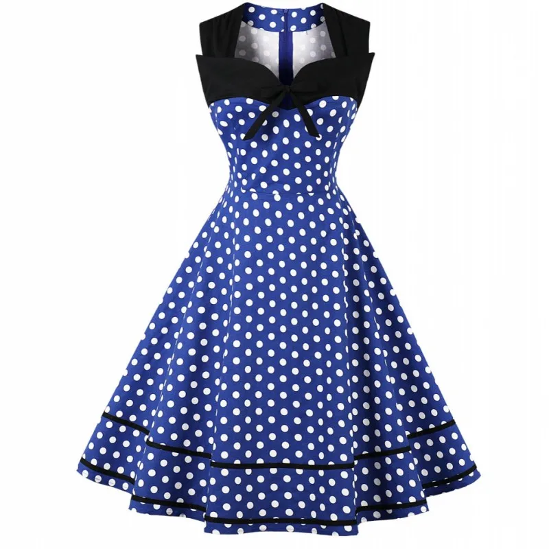 

S-4XL Kostlich Bow Dot Summer Dress Women Sleeveless Tunic 50s Vintage Party Elegant Midi A-Line female Dresses Tunic Vestido