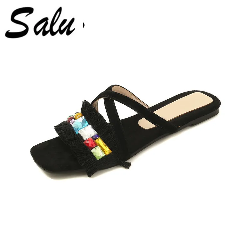 

Salu Sandals 2018 Sheep Suede crystal Shoes Fashion Women Summer Slippers Genuine Leather Women Shoes Size 35-40