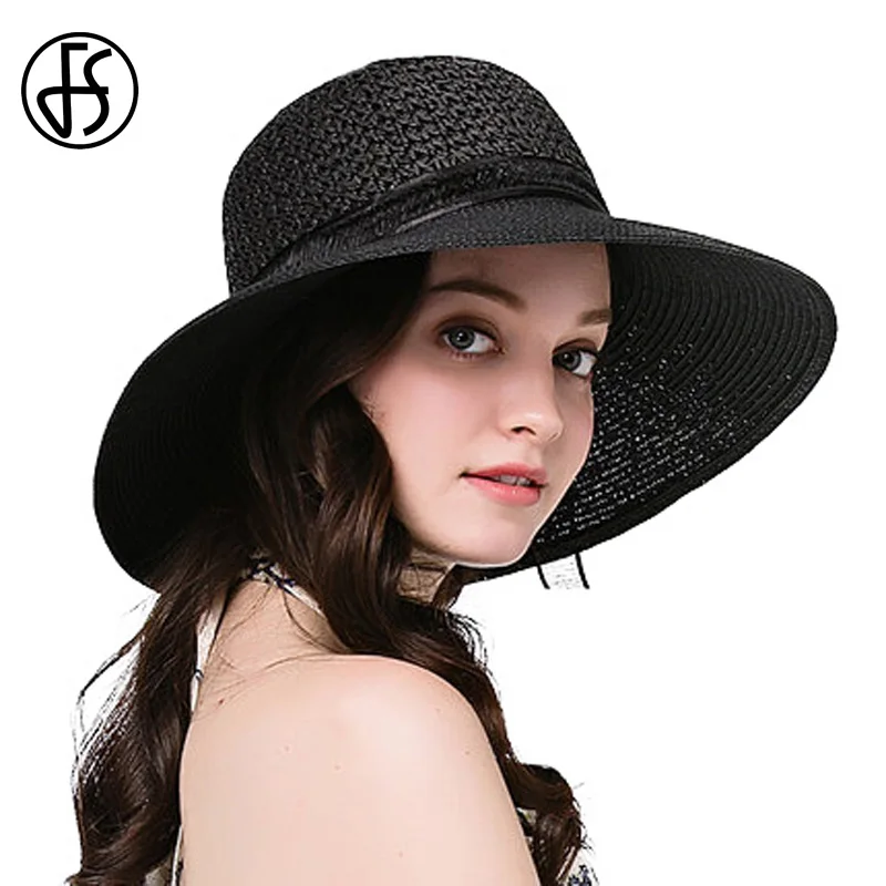 FS Elegant Ladies Straw Hat Black Visor Cap Wide Brim Summer Sun Floppy Hats Female Beach Cloche