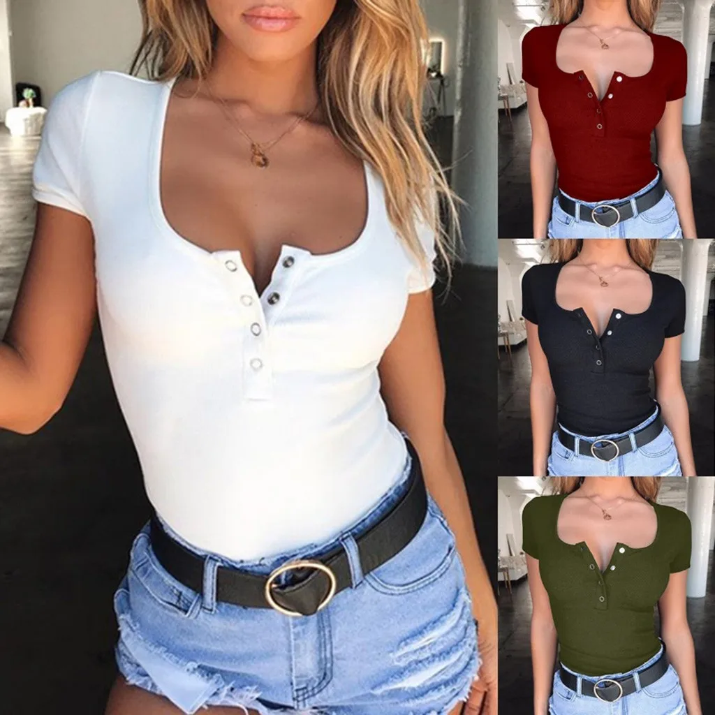 

2019 New Sexy Top Women Tops Summer Female Button Slim T shirt harajuku Tops Ladies Short Sleeve Tee Shirt Femme manga corta