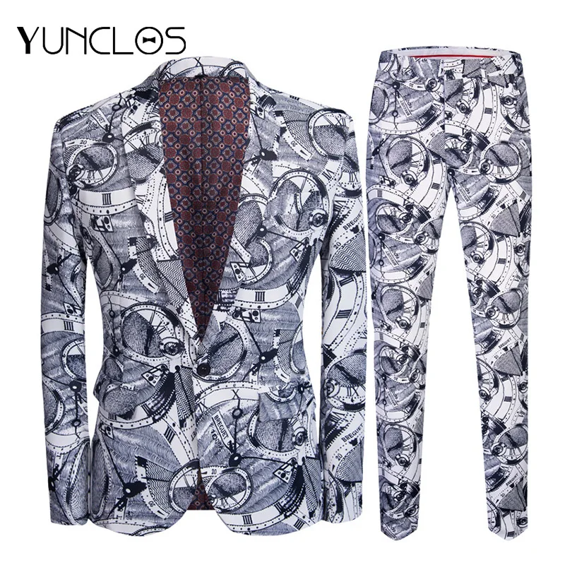 

YUNCLOS New Men's Printed Suits Slim Fit Party Suits 2 Pieces Jacket & Pant Prom Suits One Button Single Breasted Men Suits