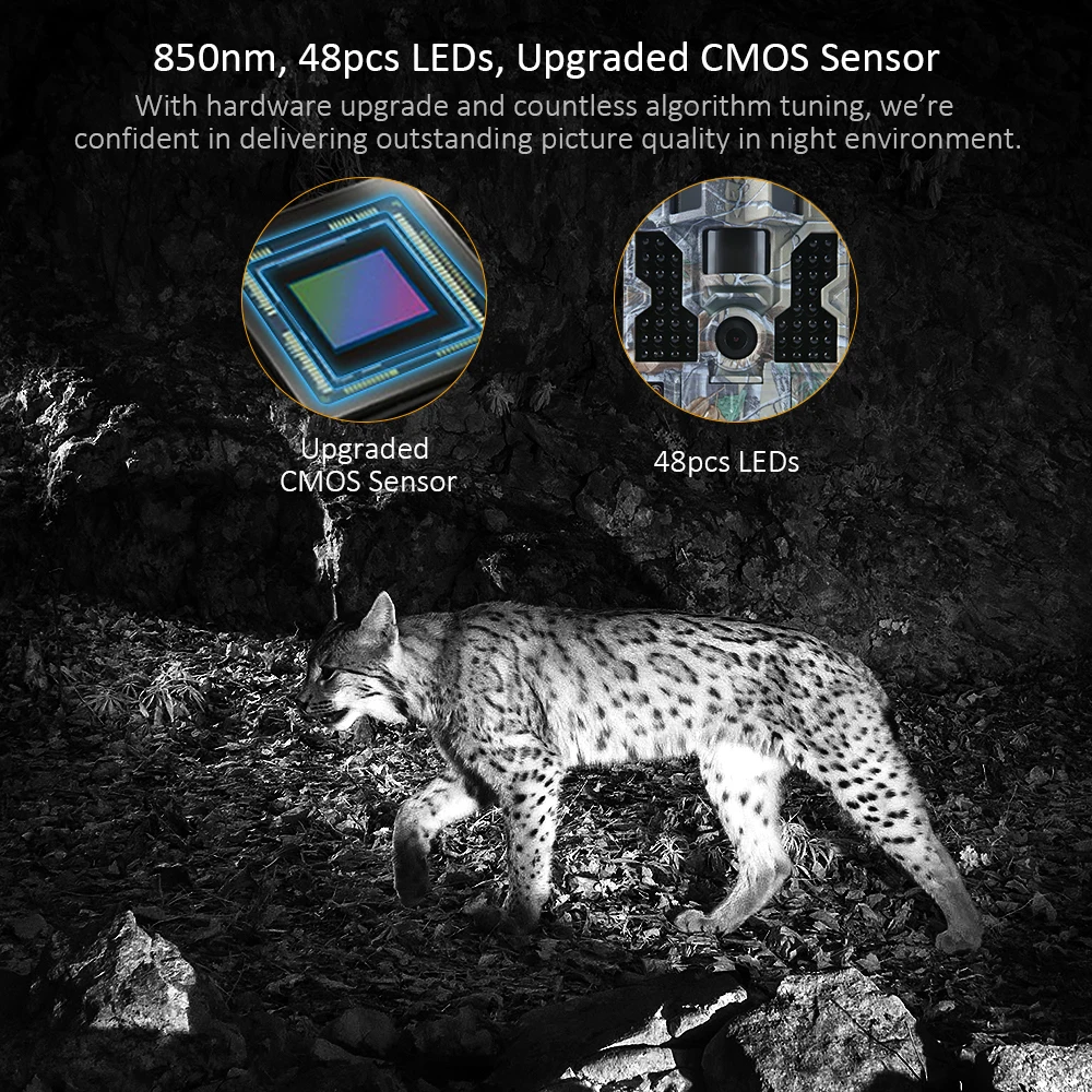 

48pcs 850NM IR LEDs Night Vision Trail Camera 1080P 30fps Hunting Camera with 0.2s Trigger Time 20m Range 2.0" LCD Screen