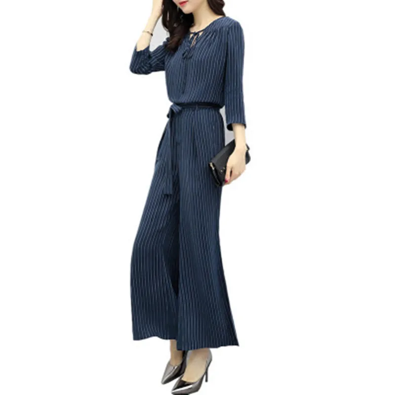 

2018 summer fashion Korean version women's tracksuits chiffon nine wide leg pants T-shirt top two piece set tie women's suit