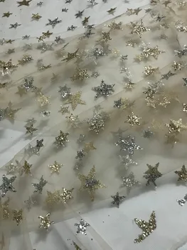 

5 yards/lot unique double color star CiCi-110809 with glued glitter french net embroidered lace fabric