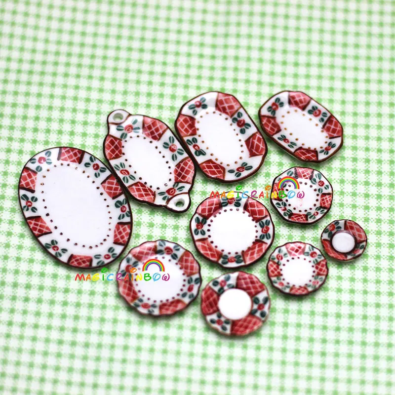 Dollhouse Miniatures 112 Tableware Kitchen Set of 10pc Porcelain Serving Plates Dish Saucer