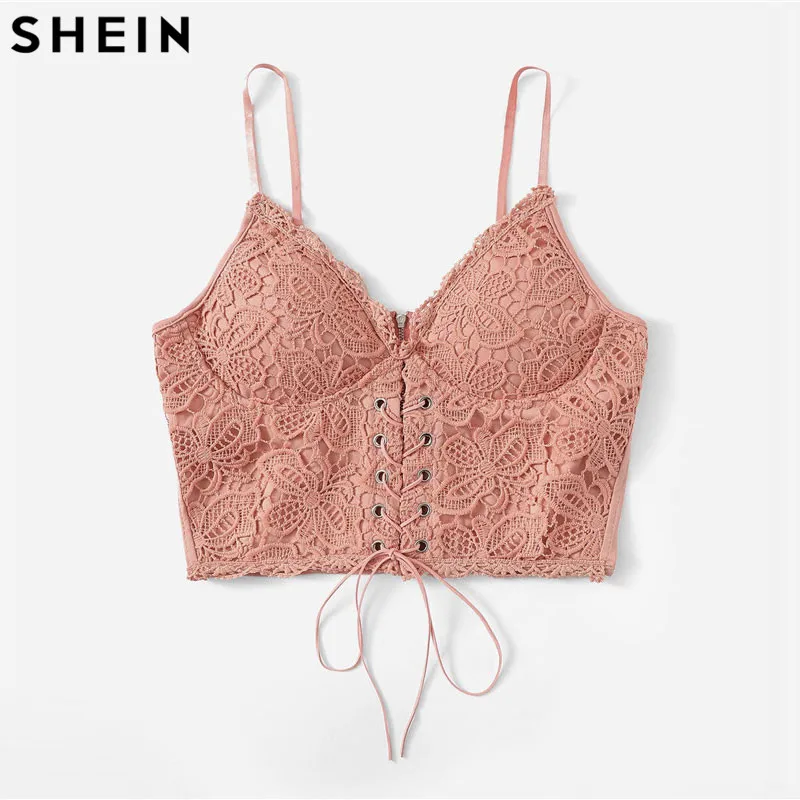 SHEIN Кружевной Топ На Бретельках С Шнуровкой Ажурный Без Рукавов|Топы| |