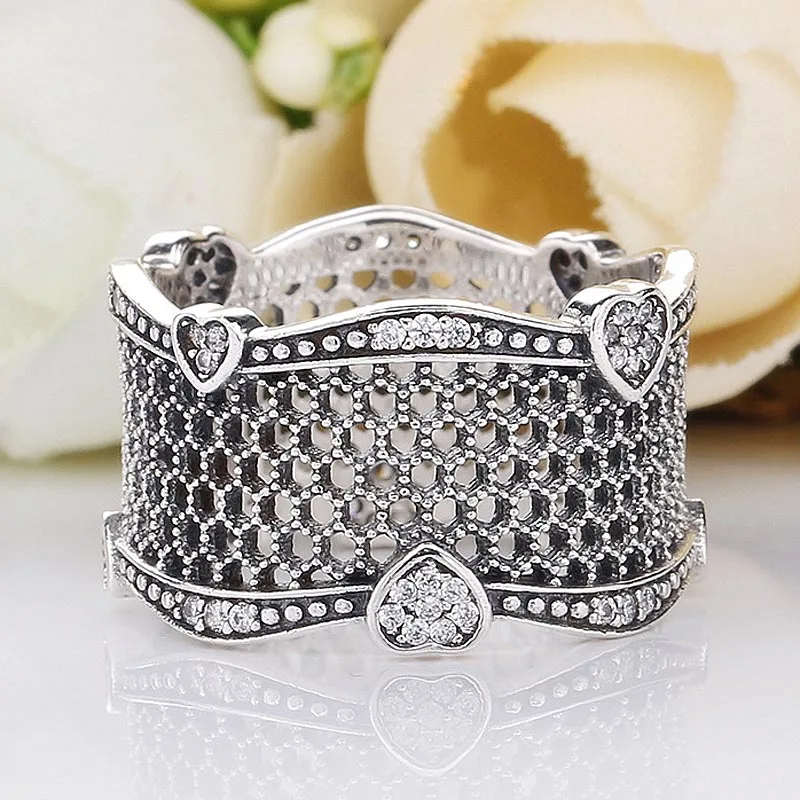 

Authentic 925 Sterling Silver Ring Lace Of Love Rings With Crystal For Women Wedding Party Gift Fine Pandora Jewelry