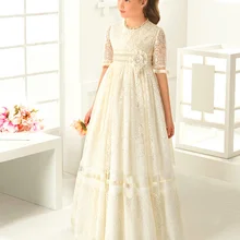 Бальное платье принцессы для первого причастия белые кружевные платья с цветочным узором для девочек г. на свадьбу дешевые тюлевые платья с поясом и бантом на заказ