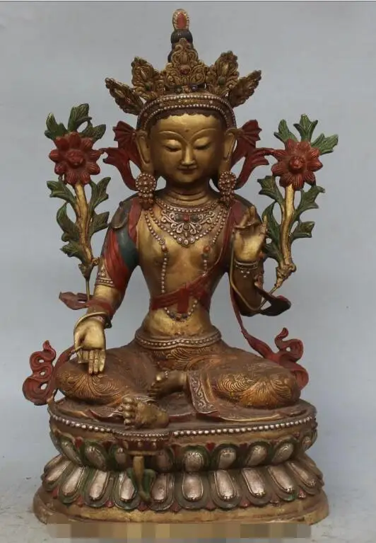 

S06610 19" Chinese Tibet Buddhism Bronze Painting Green Tara Buddha Flower Lotus Statue