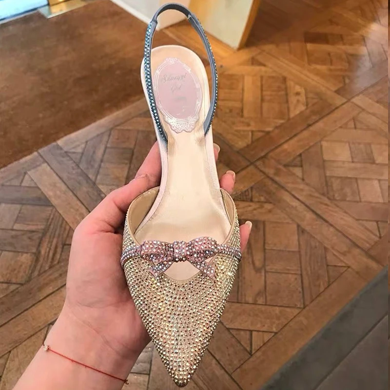 

2019 spring and summer new pointed shoes rhinestone butterfly stiletto word with sandals small fresh women's shoes