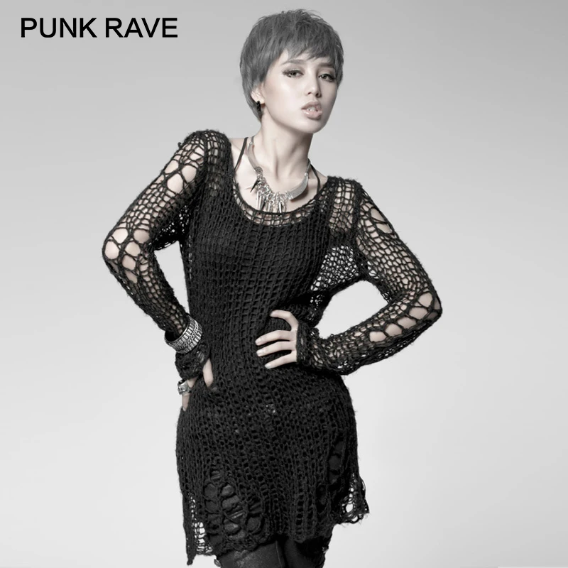 

PUNK RAVE Punk Broken Pullover Striped Ladies Stylish Cape Sweater Computer Knitting Holes Thin O-Neck Long Sleeves Broken Tops