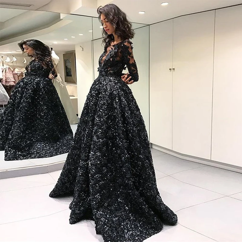 Vestidos арабские 3D Цветочные Вечерние платья черные с длинным рукавом сексуальные вечерние платья для выпускного вечера Ближний Восток с открытой спиной Дубай Платье на выпускной