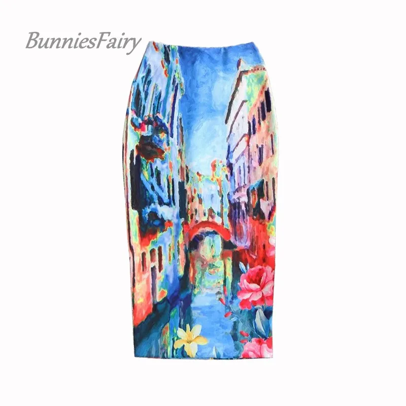 BunniesFairy, винтажная Женская мода, винтажный Рисунок маслом, высокая талия, юбка-карандаш Стретч, длинное облегающее платье, Saias Femininas