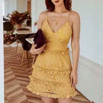 

Women European Style Lace Dress Mini Sexy Strap Ruffles Patchwork Slime Summer Designer Feminine V-neck Dresses Boutique Vestido