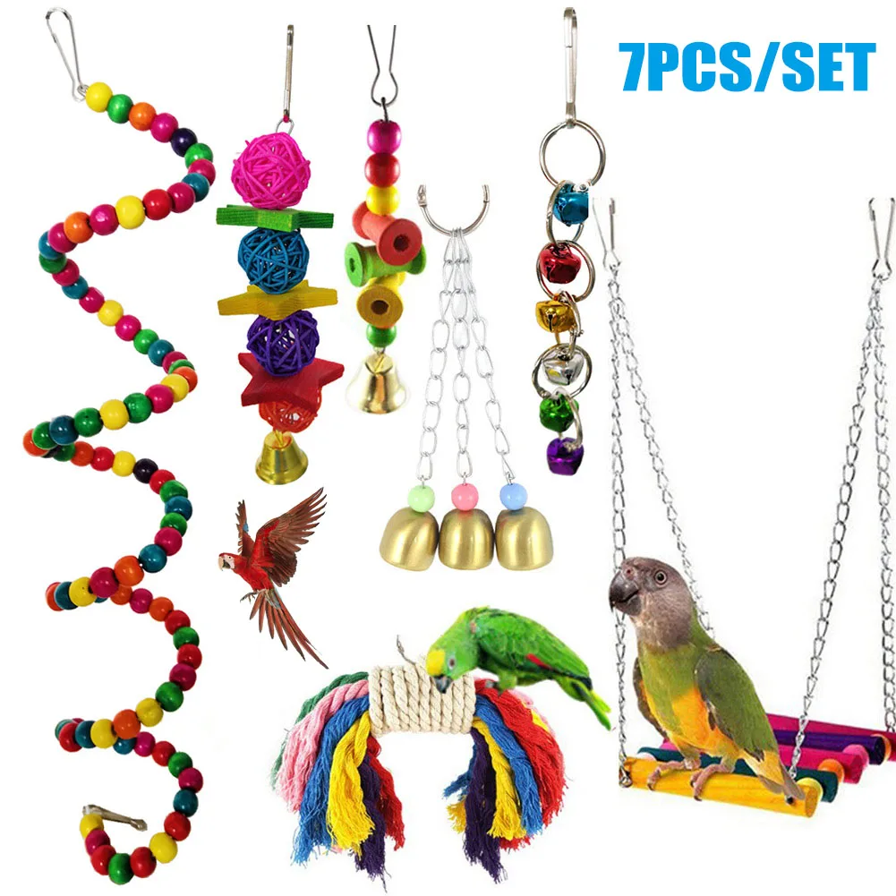 

7Pcs/Set Bird Parrots Toys Chewing Hanging Bell Pet Cage Hammock Swing Toys Kit wooden bead H99F
