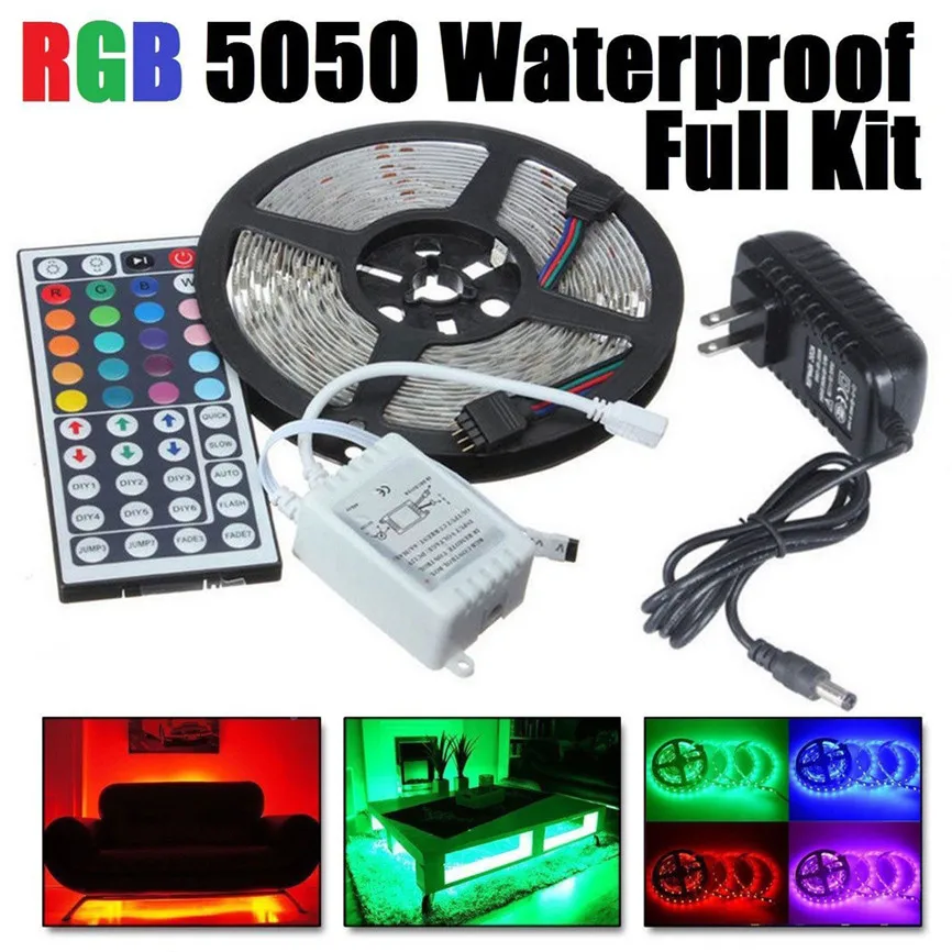 

LED Strip 5M RGB 5050 Waterproof LED Strip light SMD 44 Key Remote DC 12V US Power Full Kit