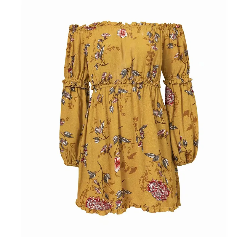 yinlinhe Yellow Off Shoulder Summer Dress Long Sleeve Floral Beach Dress Women Backless Lace Up Elegant Boho Vestidos 4 - 