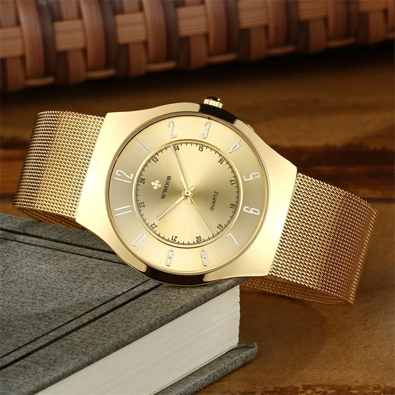 Ceny Męski zegarek kwarcowy WWOOR Top marka luksusowe Ultra cienkie wodoodporne sportowe zegarki na rękę mężczyźni złoty zegar mężczyzna relogio masculino