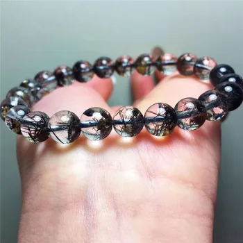 

8mm Natural Black Hair Rutilated Quartz Bracelet Crystal Women Men Love Gift Classic Stone Charm Stretch Round Beads Jewelry