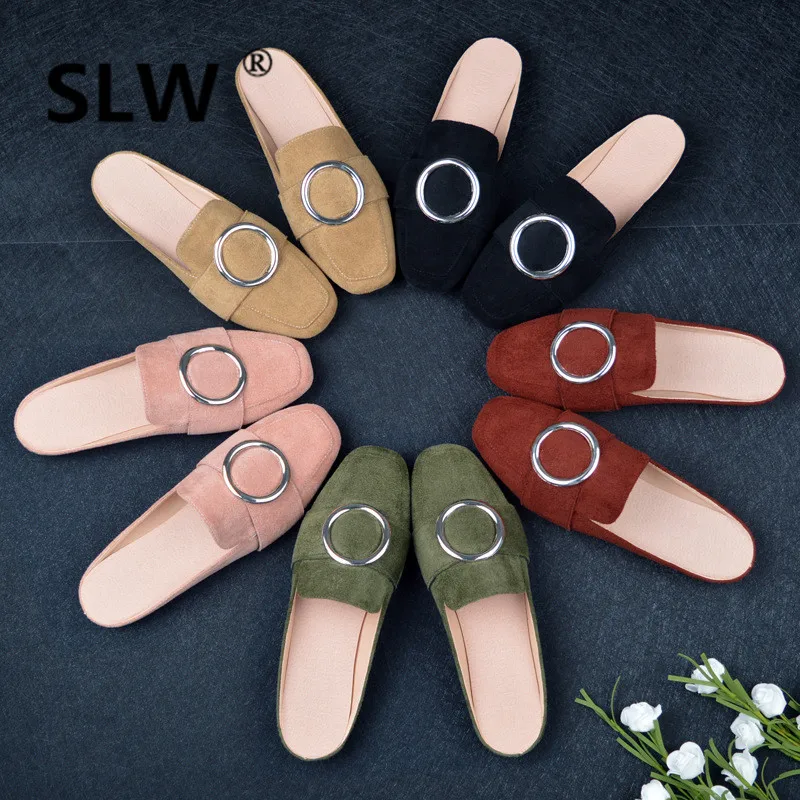 

metal circle buckle lazy mules shoes woman cozy shallow mouth slides spring slip on platform shoes woman flats brand design