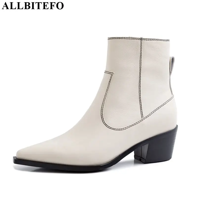 

ALLBITEFO genuine leather women boots High quality fashion comfortable Autumn Winter girls boots high heel ankle boots