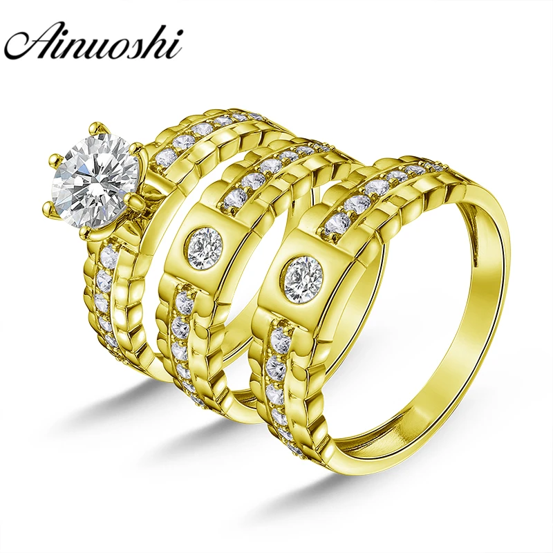 

AINUOSHI Real Gold TRIO Rings 14K Yellow Gold Couple Wedding Ring Set Vintage Band Lover Engagement Wedding Ring Jewelry