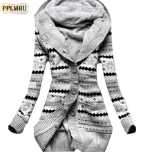 Лидер продаж, зимнее толстое пальто-свитер с принтом, женское повседневное однобортное вязаное пальто-кардиган с капюшоном и длинным рукавом