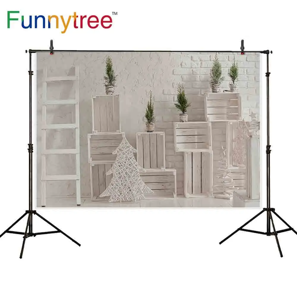 

Funnytree Christmas background photography white brick wooden frame ladder indoor Potted plant tree backdrop phoyocall wallpaper