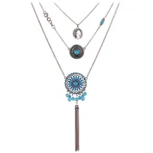 Women’s Three-layers Resin Beads Tassel Flowers Silvery&Golden Pendant Sweater Chain Necklace collane joyeria Vintage Jewelry
