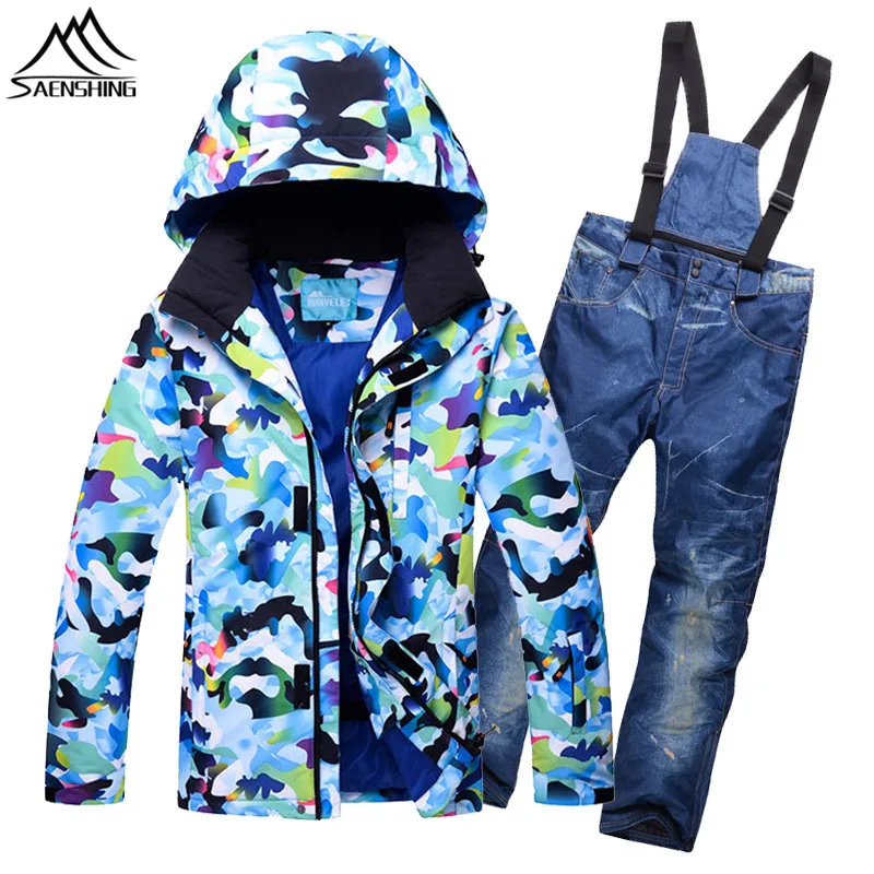 SAENSHING Cheap Ski Suit Men Snowboarding Suits Waterproof Warm Denim