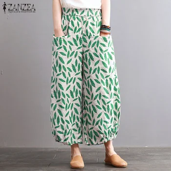 

ZANZEA Women Floral Printed Elastic Waist Pockets Loose Wide Leg Pants Casual Autumn Trousers Cotton Pantalon Lantern Pants