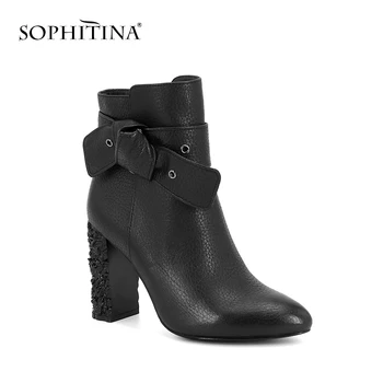 

SOPHITINA Winter Boots Genuine Leather High Heel Pointed Toe Women Shoes High Quality Cow Leather With Butterfly-knot Boots M84