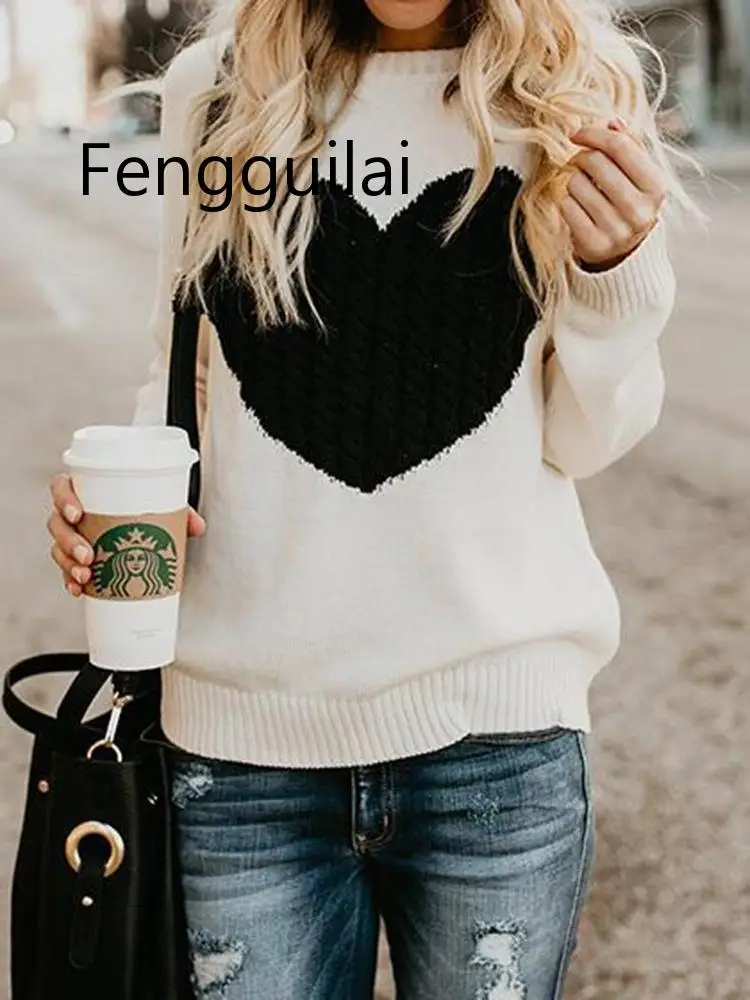 

2019 Autumn winter heart knitted women sweaters pullovers long sleeve sweater slim Pull Femme jumpers sueter mujer New