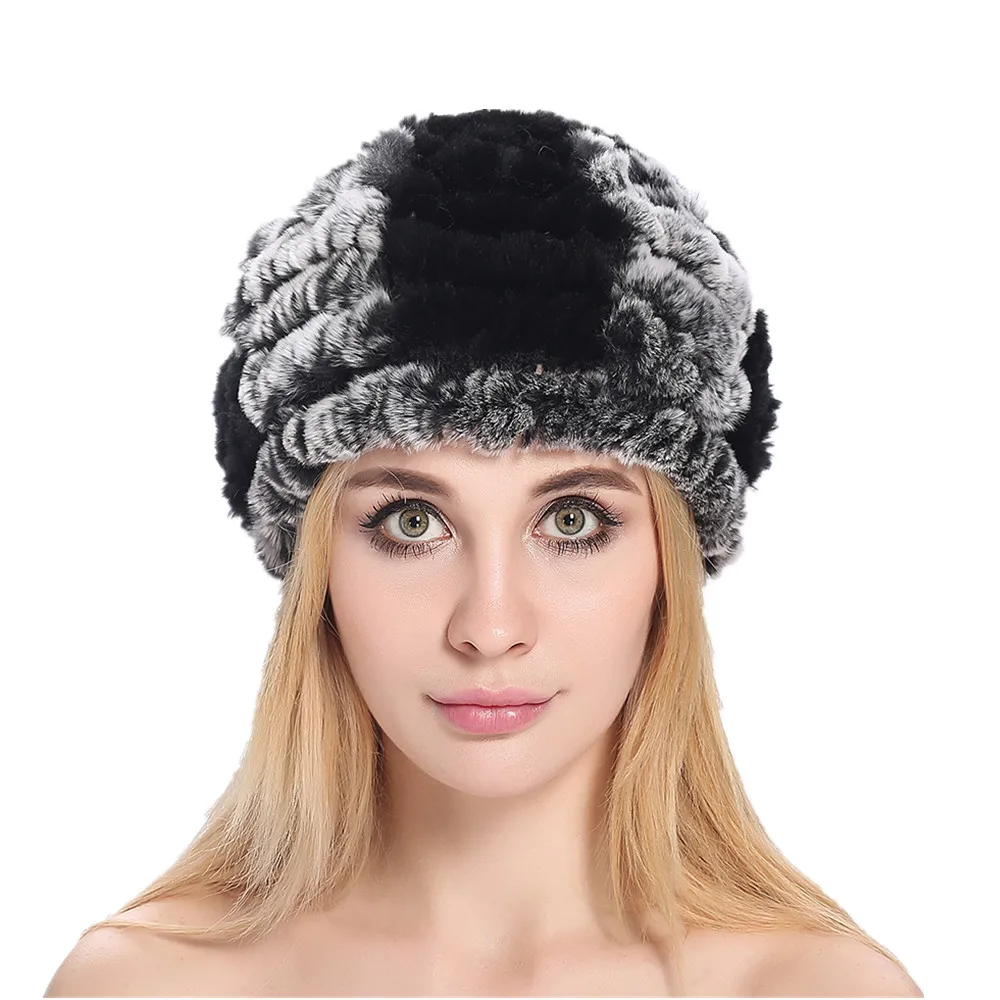

ZY84011 Autumn Winter Ladies' Genuine Natural Rex Rabbit Fur Casquette Hats Fox Fur Ball Women Fur Fashion Headgear Gorro