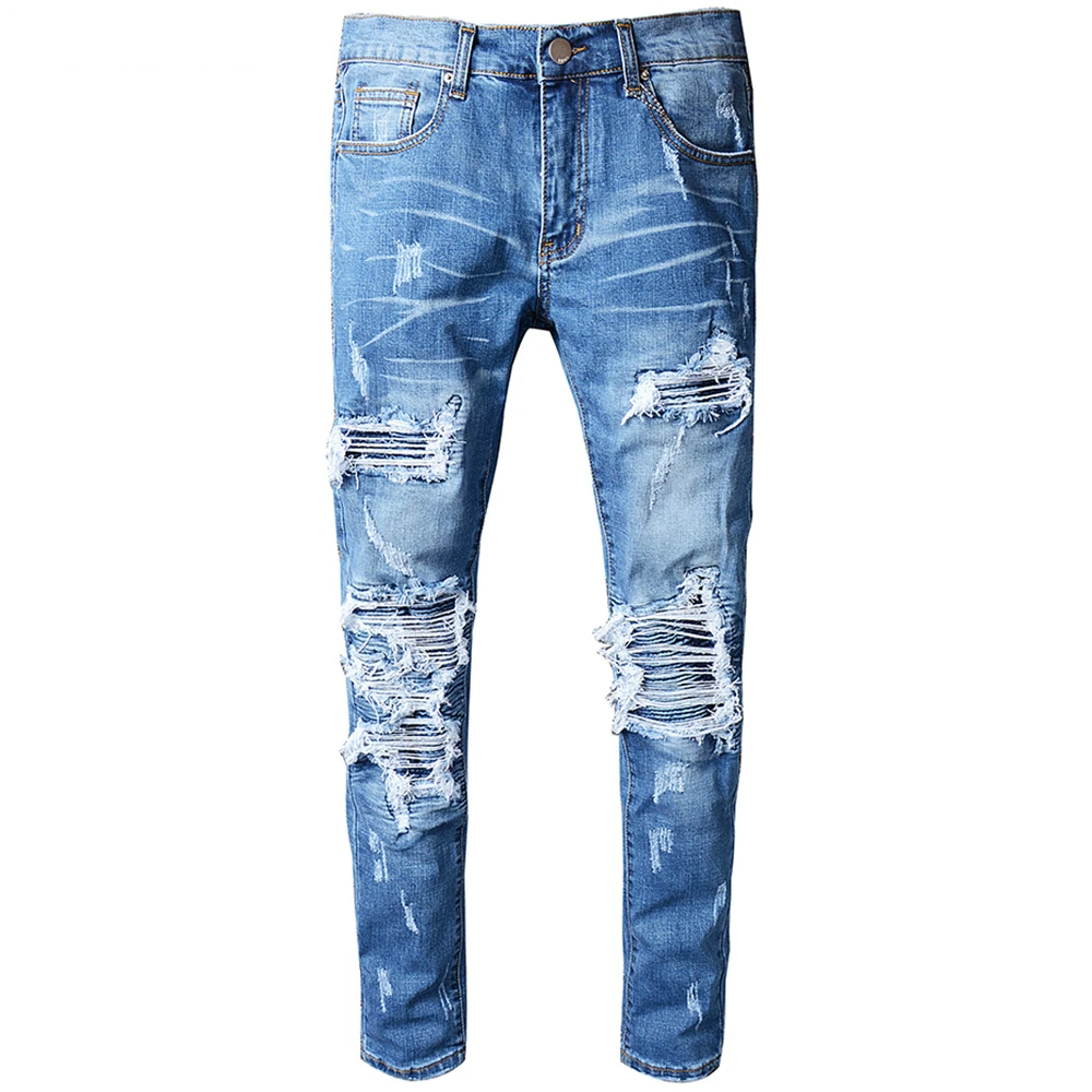 

New Blue Jeans Men Casual Hip Hop Ripped Jeans For Men Slim Biker Jeans Distressed Jeans Stretch Skinny Men Denim Pants