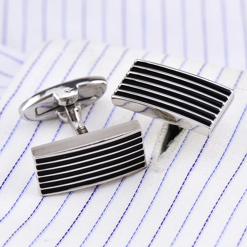 

Bridegroom Wedding Business Men French Shirt Cuff Links Black Striped Enamels Rectangle Cufflinks Silvery Cufflink With Gift Bag