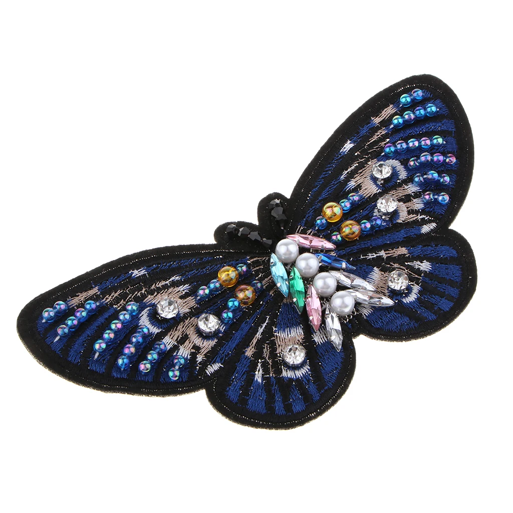 Crystal Pearl Beaded Patches Butterfly Style Clothes Embellishments Embroidery Applique Decorations for Repair/Design