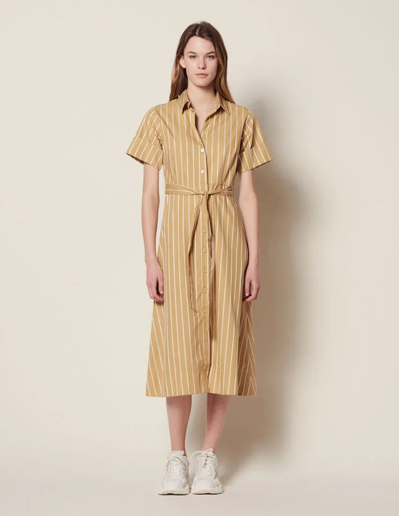 

2019 New Women Striped Lace Long Dress Short Sleeve Shirt Style Cotton Midi Dress With Belt