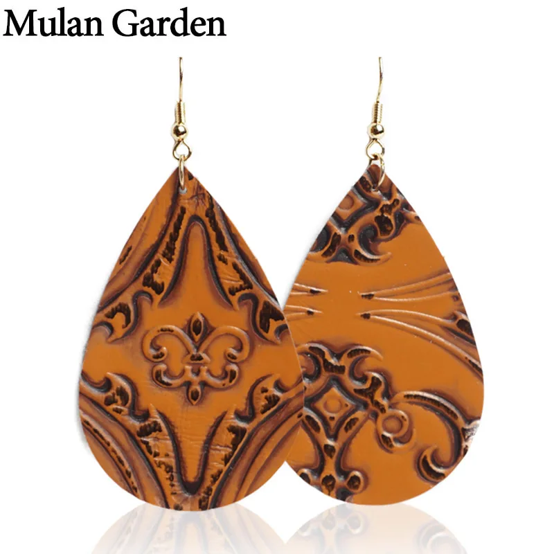 

Mulan Garden Classic Printing Leather Earrings for Women PU Leather Teardrop Dangle Earrings Fashion Jewelry Women Accessories