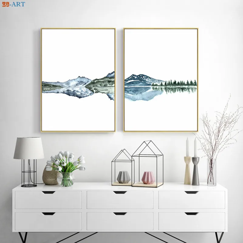 Синий Зеленый Wall Art Абстрактная живопись печати горы плакат с озером пейзаж холст