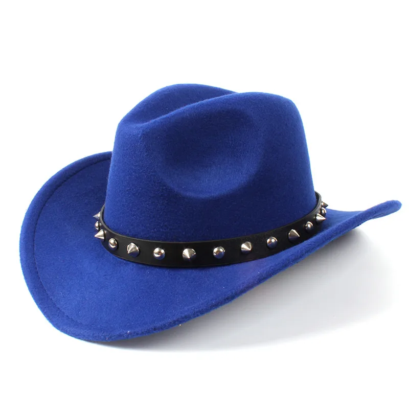 Шерсть Для женщин Для мужчин западный ковбойская шляпа для зима-осень джентльмен леди Джаз пастушка с заклепками в стиле панк Клош церкви сомбреро Кепки - Цвет: Blue