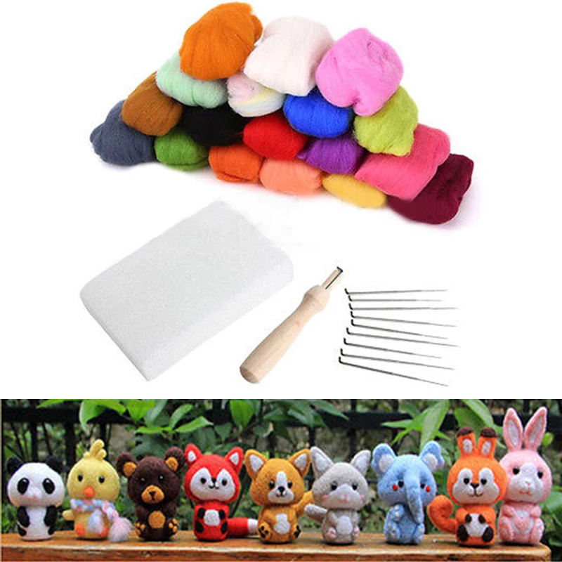 JX-LCLYL New 16 Colors Wool + 9 Needles Felting Handle Mat Set Starter DIY Tool Kit 