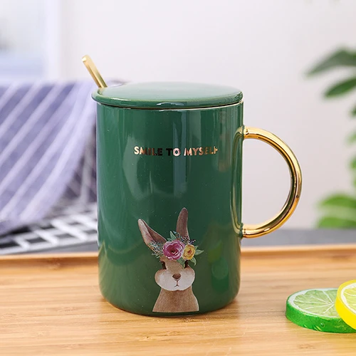 400 мл Милая керамика кружка для чая кофе фарфоровая посуда для напитков кружка для молока на завтрак с крышкой и ложкой кружки с животными креативная Питьевая чашка - Цвет: Rabbit