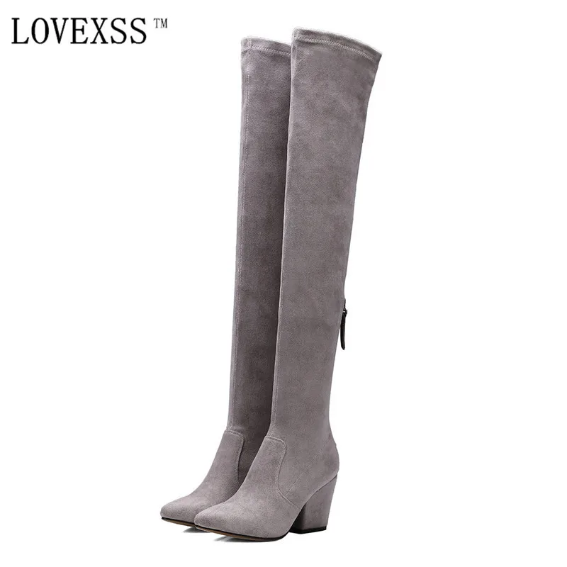 Goedkoop LOVEXSS Nubuck Leer Schapenvacht Laarzen 2017 Vierkante Hak Puntschoen Hoge Laarzen Zwart Grijs Sexy Mode Su egrave;de Laarzen