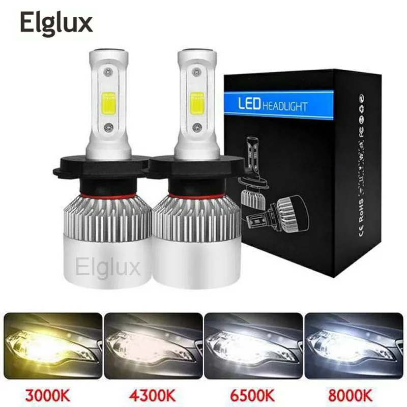 

Elglux 2 pcs Car Led Headlight Bulbs Lamp H4 H7 H11 72W/pair H8 HB4 H1 H3 HB3 Auto Car High Low Beam 6000K 12V Head Light