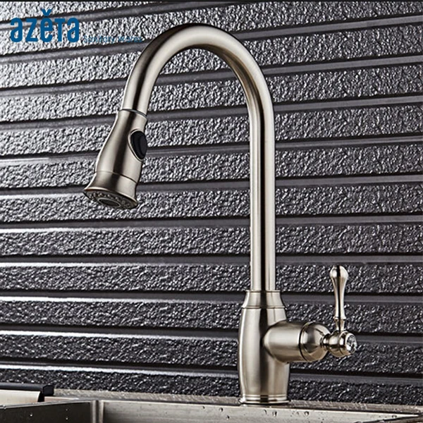 

Hot Sales Modern Style Kitchen Faucet Single Hole Ceramic Cartridge Brass Brushed Nickel Pull Down Kitchen Tap AT7608BN